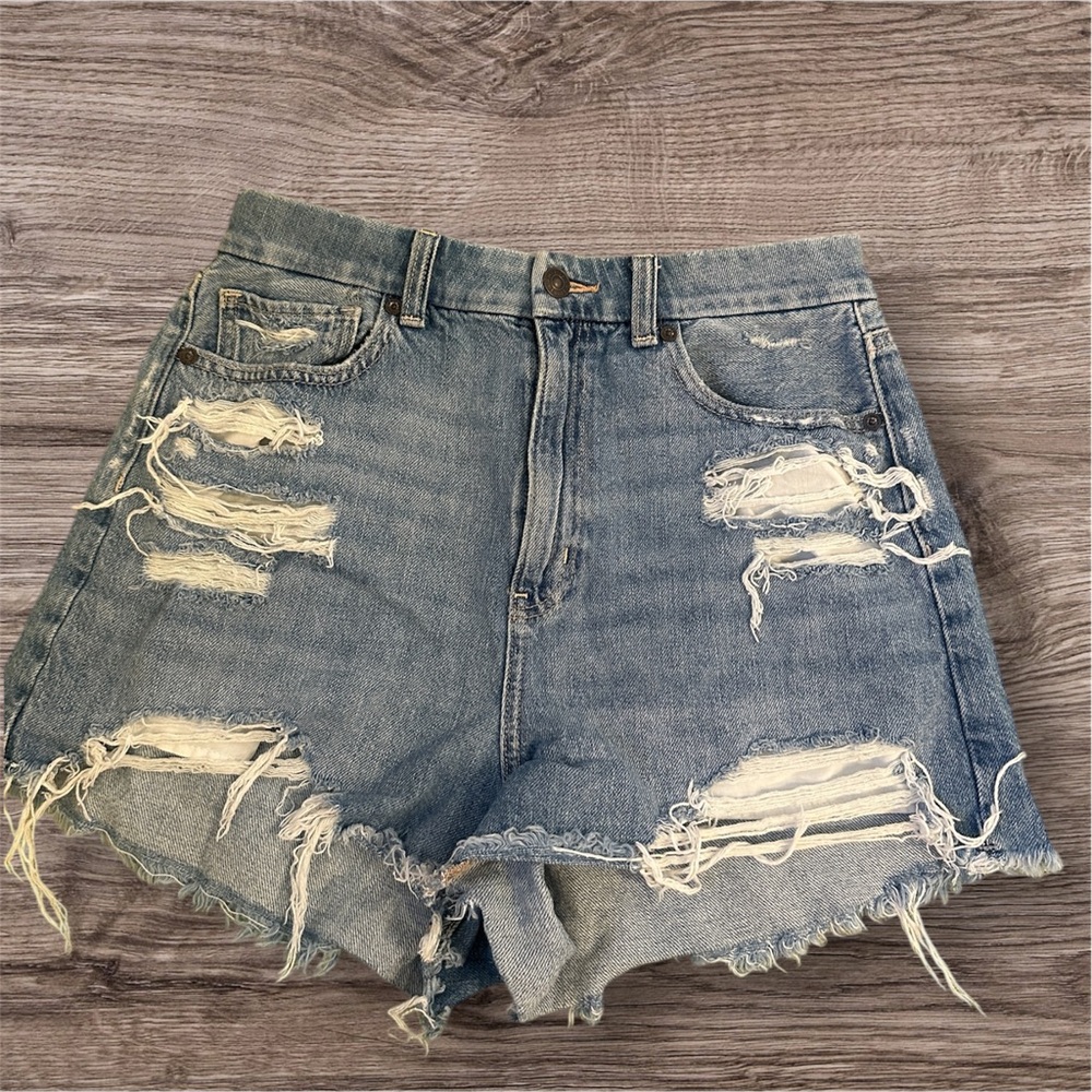 American Eagle Outfitters Blue Distressed denim Jean Shorts comfort stretch 6